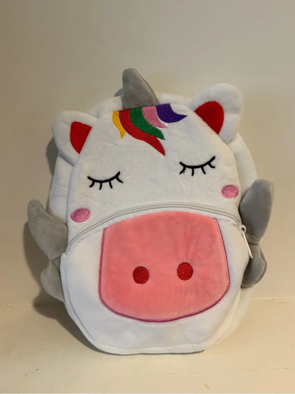 Plush Unicorn Backpack - White with Pink Snout & Rainbow Mane